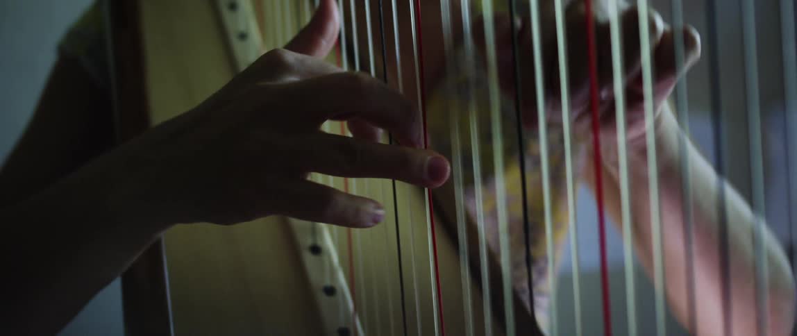 Closeup of a womans hands playing the harp