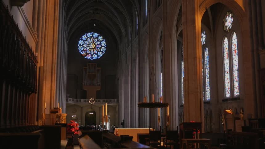 A large church has stain glass windows