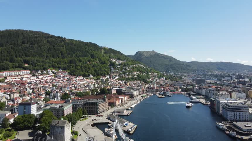 Aerial of the city port with ships anchored during the day