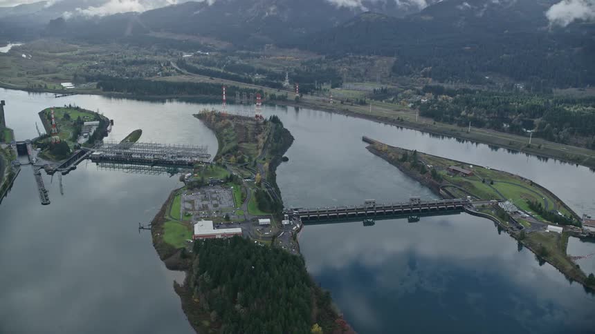 Aerial of bonneville dam on the columbia river on an autumn day