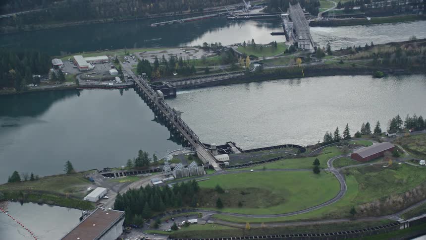 Aerial of bonneville dam on the columbia river during an autumn day
