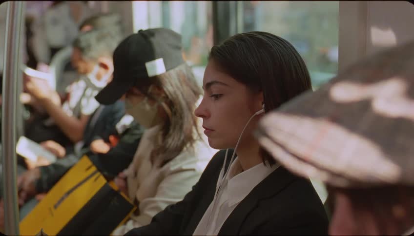 Lady listening to music while seated among other people inside a moving train at midday