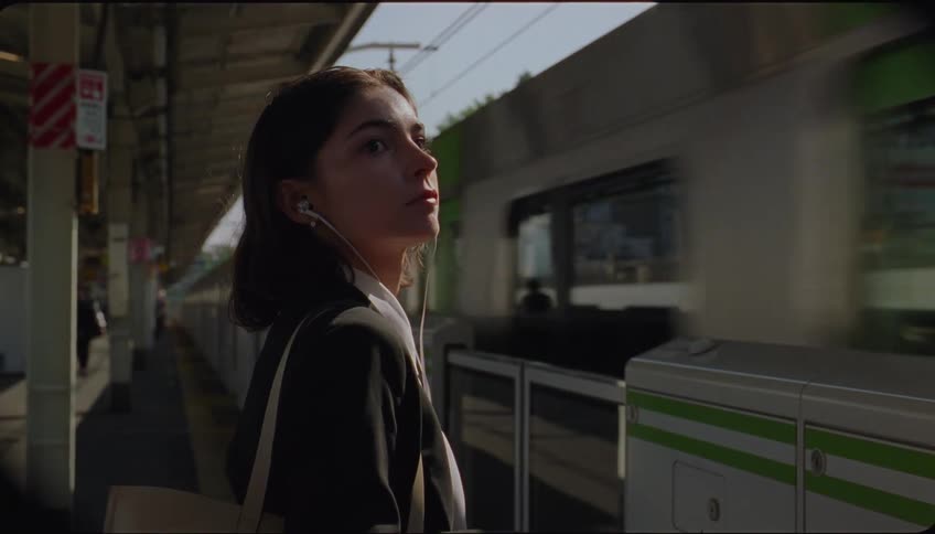 Woman puts earbuds in while she waits at a train station as a train passes and blows her hair
