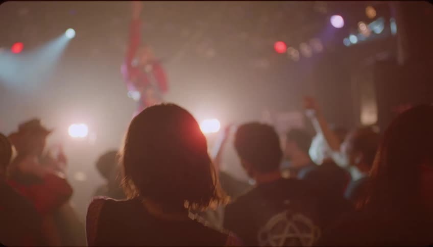 People facing both towards and away from the stage at a nightclub celebrating and enjoying themselves