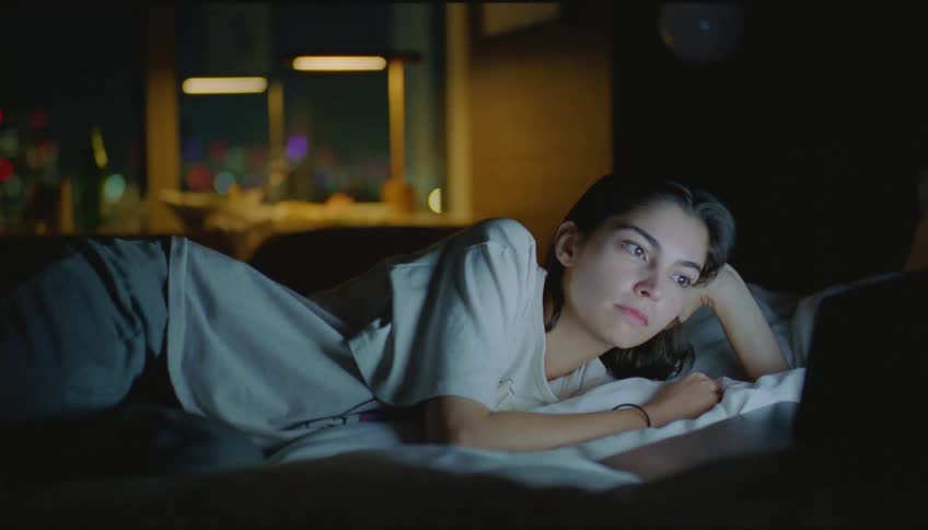A woman is lying on a bed and being illuminated by a light from a screen she is looking at