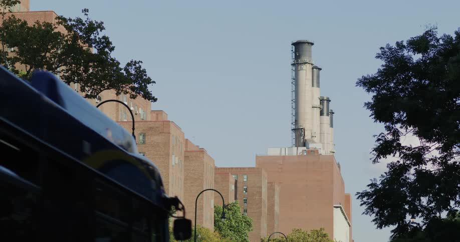 A factory has large chimneys