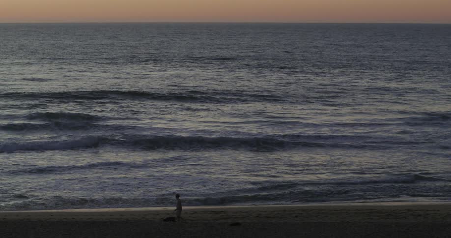 View of a beach at sunrise with a person walking their dog