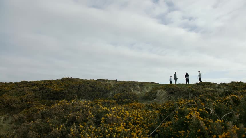Golfers on top of a rocky hill with yellow flowers on a bright day with white clouds