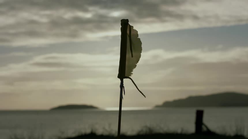 The tattered flag blows in the wind