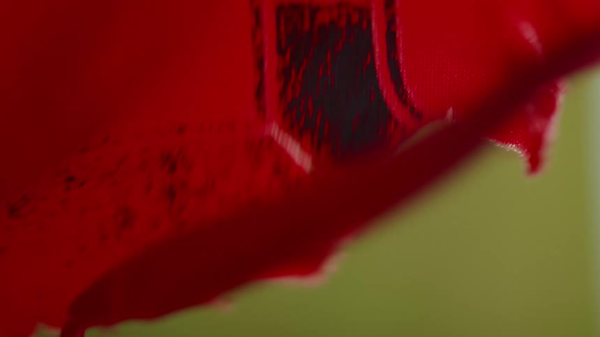 Ragged red flag waves in the wind