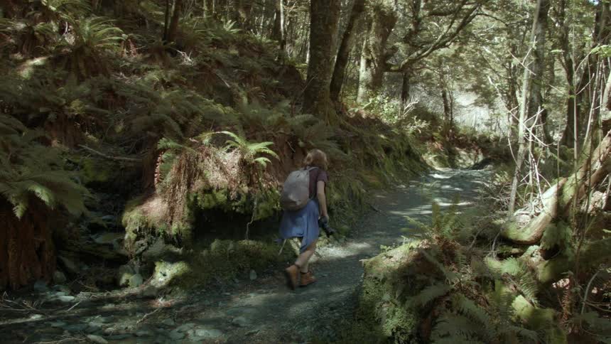 A woman walks on a trail in the wilderness