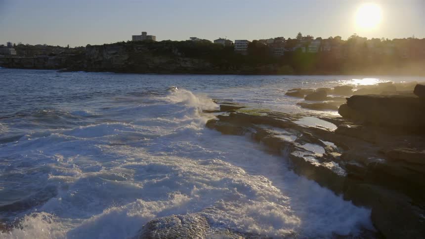 Waves crash onto a rocky shore