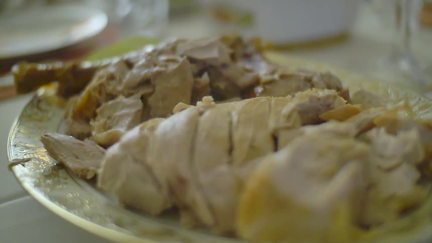 A platter of food sits on a table