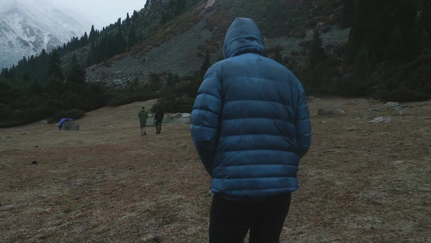 People walking away in the middle of a field next to a chain of mountains with conifers covered in snow on a cloudy day