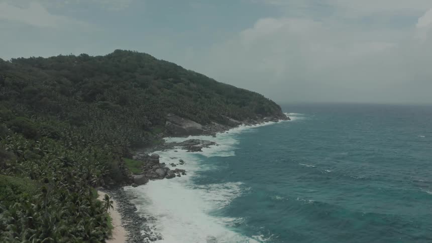 Aerial of ocean waves breaking against the shoreline