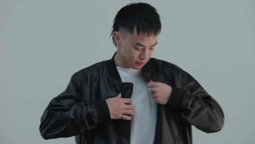 Man modeling with a leather jacket