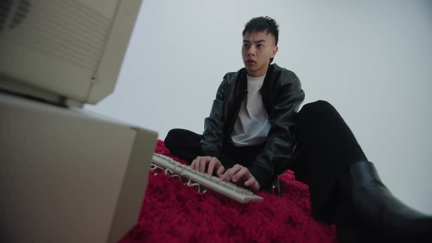 Man sitting on the floor typing on the keyboard of an old computer