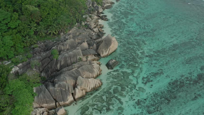 Aerial view of anse source dargent beach in the seychelles