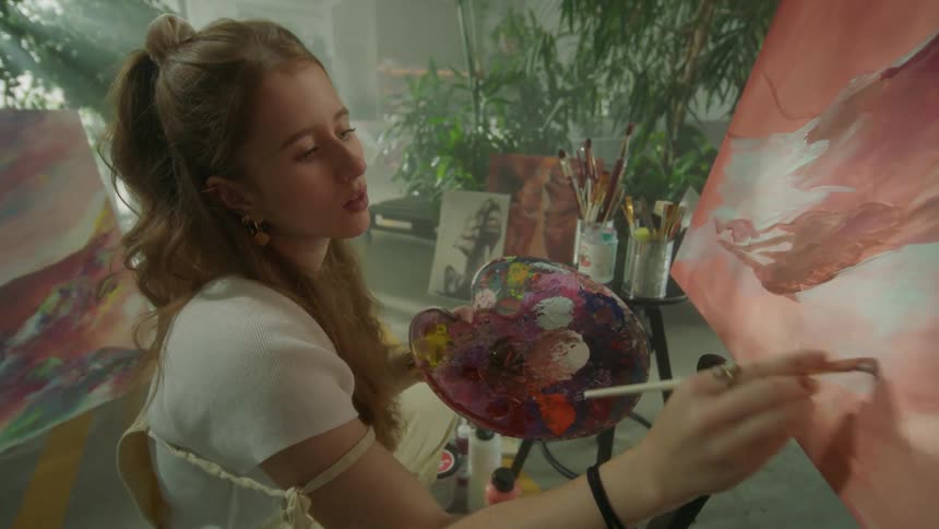 Portrait of a blonde woman painting a picture