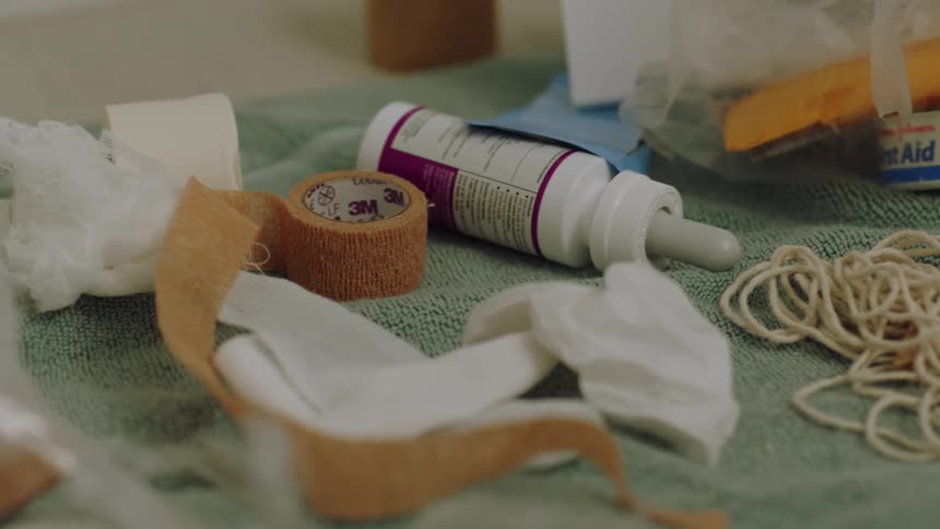 Towel on the floor with threads gauze and scissors