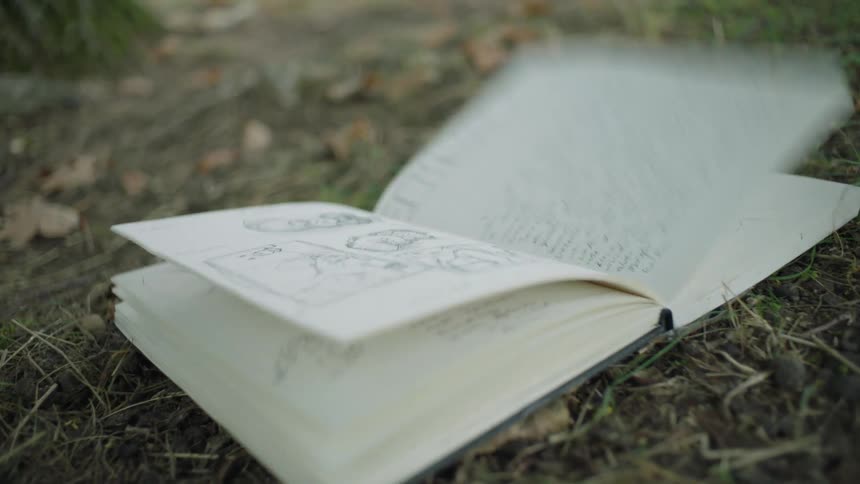 Wind blows the pages of a notebook on the grass