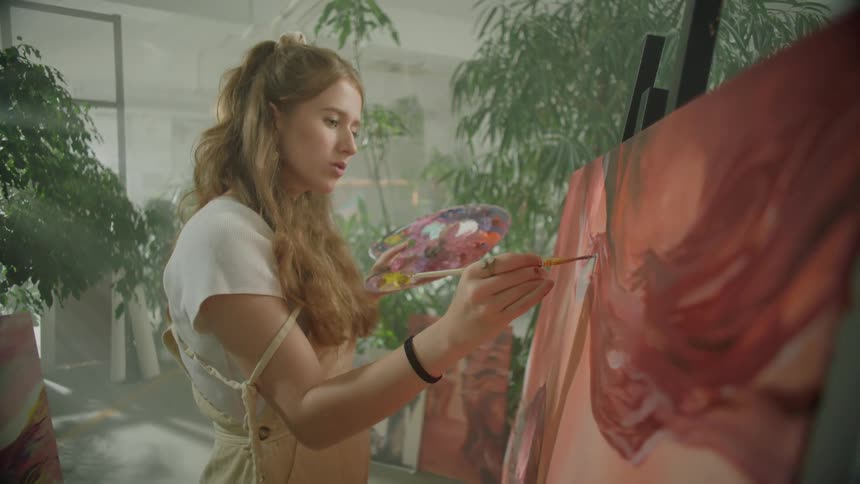 A young woman focused on painting a picture