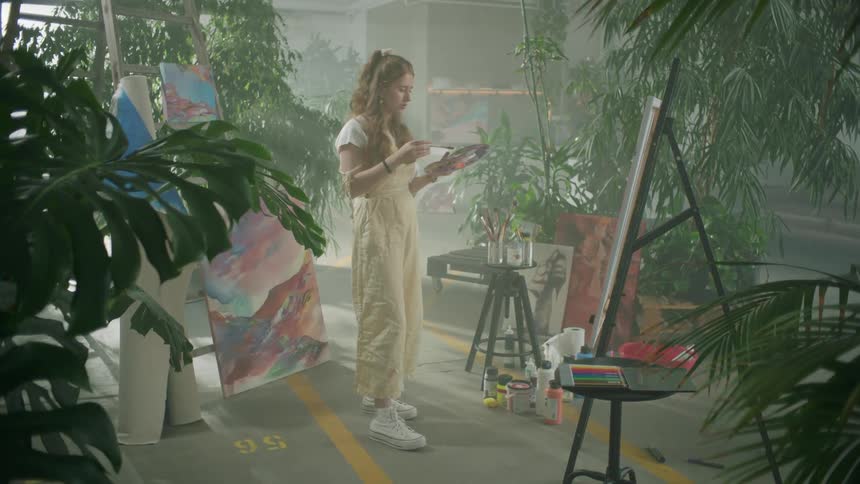 Woman painting a canvas in an indoor setting with plants