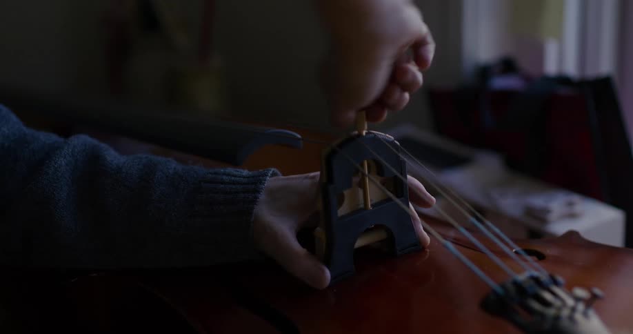 A worker is tuning a stringed instrument