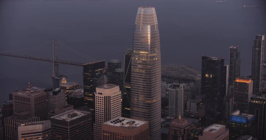 San Francisco, Aerial panorama of a metropolis with modern skyscrapers in the early evening