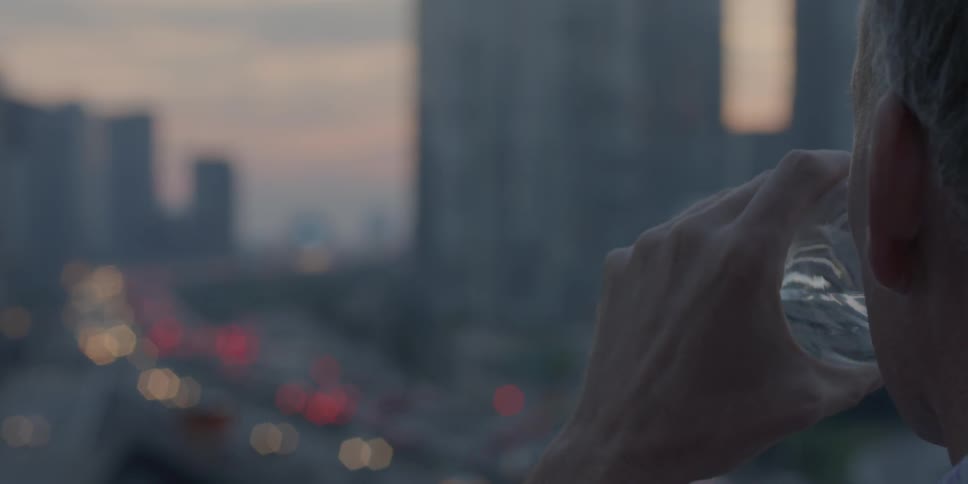 A man lifts a glass of wine to his mouth looking at the sun set over the city