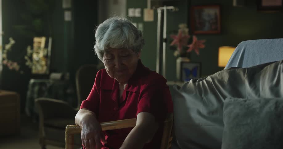 An elderly woman caressing a baby sleeping on the chair indoor at midday