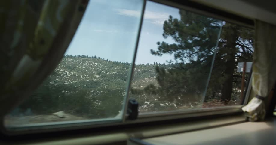 Through a car window we see outdoor as the car drives pass lots of trees