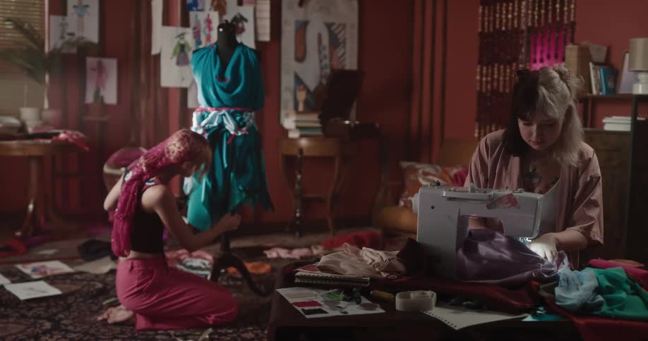 Two tailors are working together on dresses