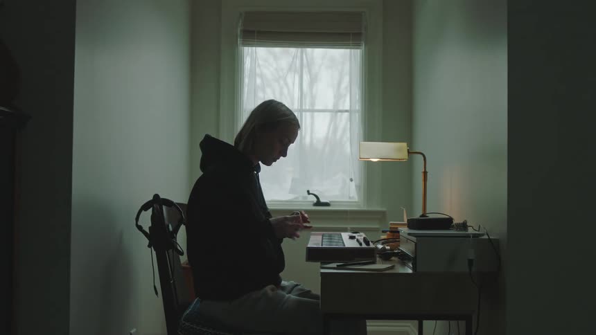 Female walks to desk and sits in front of window