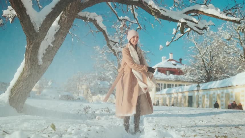 Snow from the tree falls on the woman