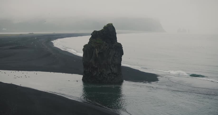Birds fly around the large rock on the beach