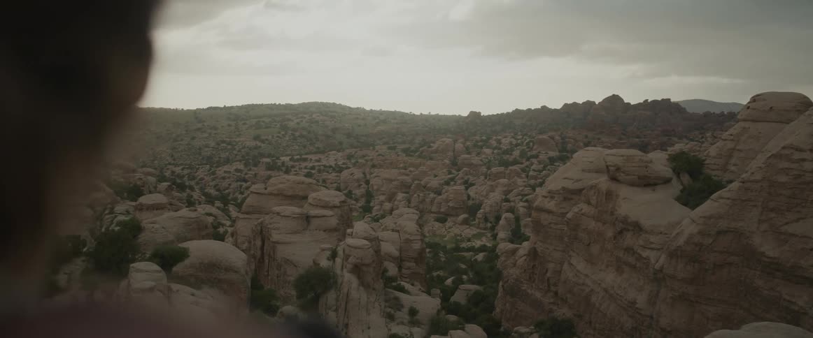 View of the side profile of a person facing a rocky valley