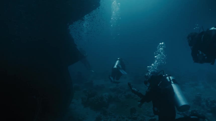 Some people in diving suits swimming near a sunken vessel