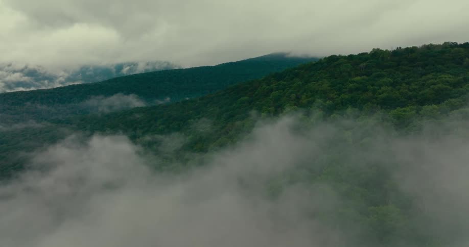 Aerial view of clouds blanket the sky over a mountain adorned with a lush forest