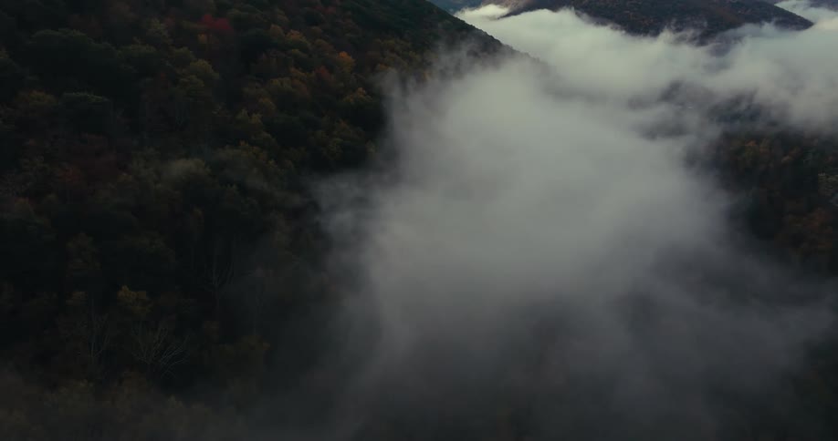 Aerial panorama of a mountain range forests and mist