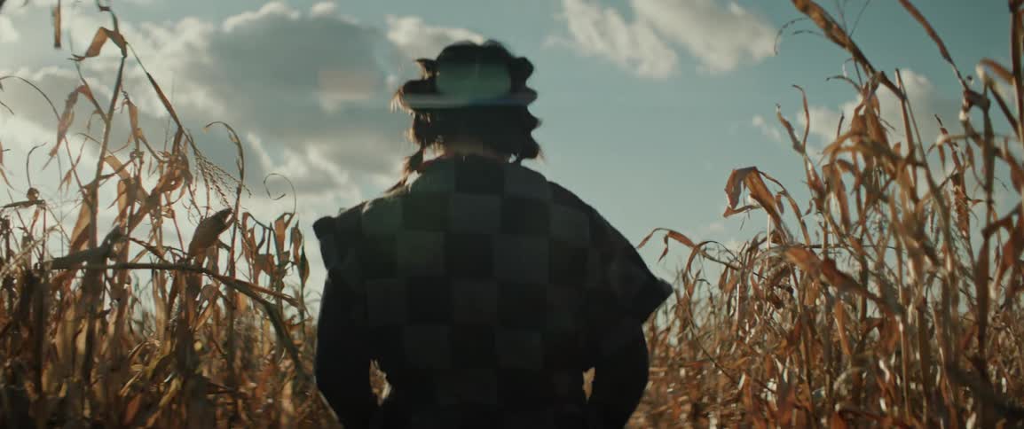 Back profile of a female with braided brown hair in a dark checkered wool shawl walking through a field of dry brown corn stalks under a blue sky with scattered white clouds on a sunny day