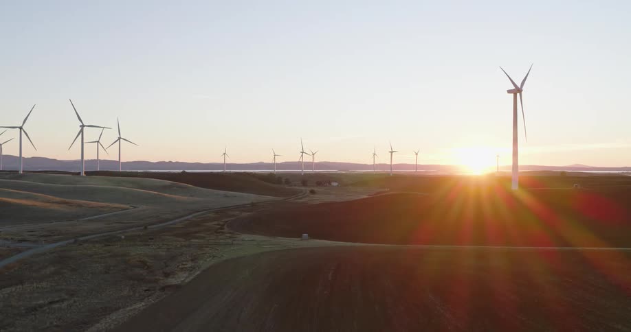 A large grasscovered field is scattered with windmills