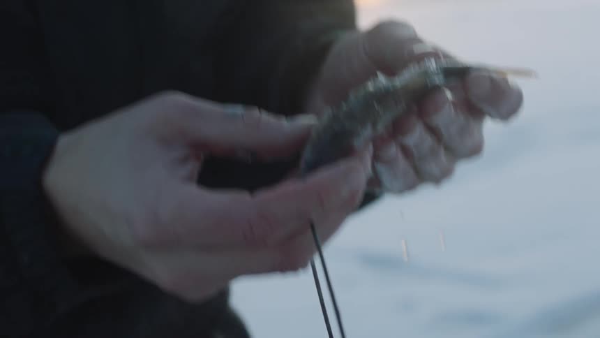 A man is holding a small fish in a snowy area