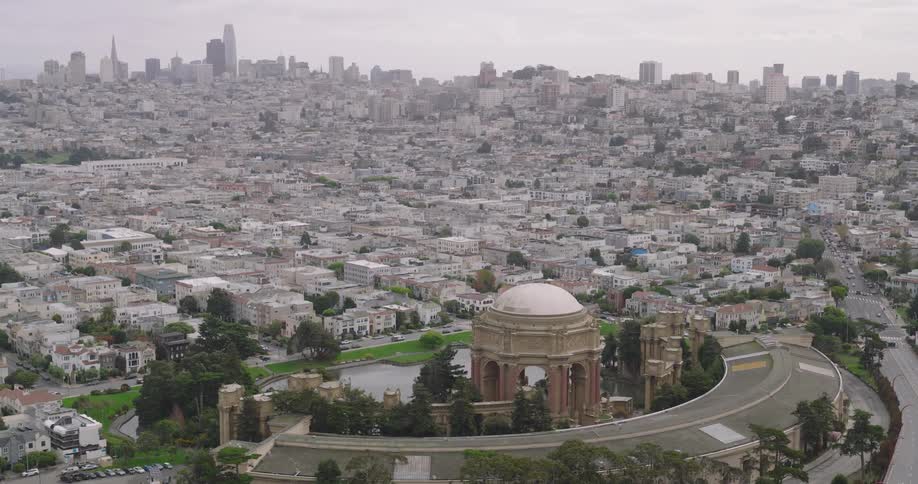 Aerial panorama of an urban cityscape with skyscrapers on the horizon