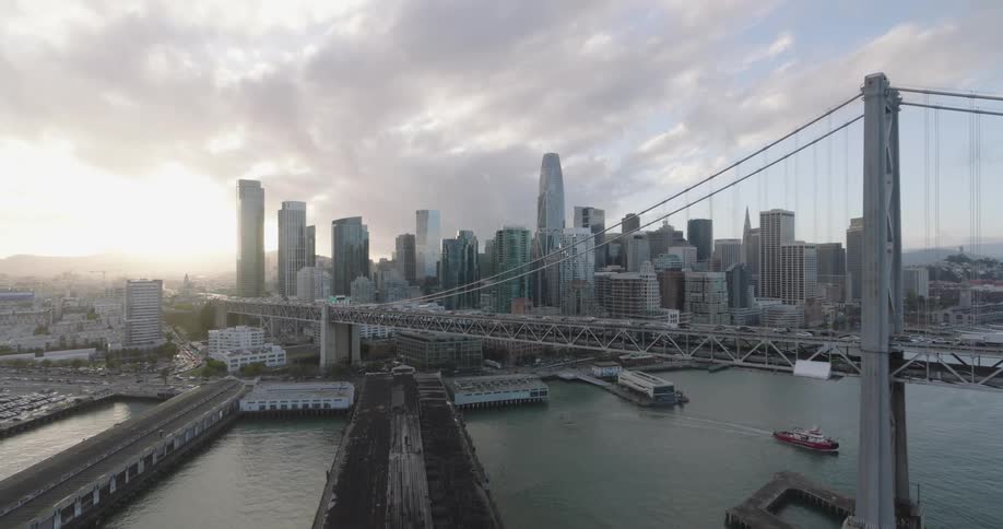 Aerial of new york harbor during sunset