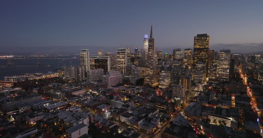 Aerial panorama of a metropolis by the sea at night with illuminated skyscrapers