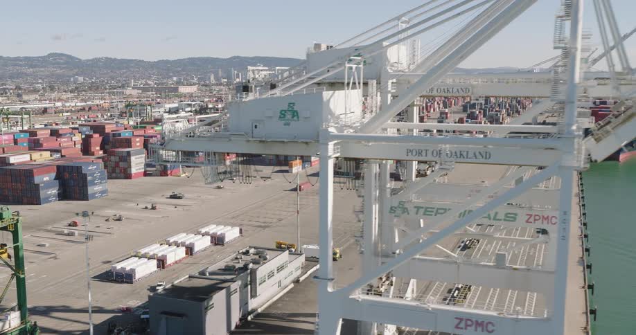 Aerial view of a container yard next to port