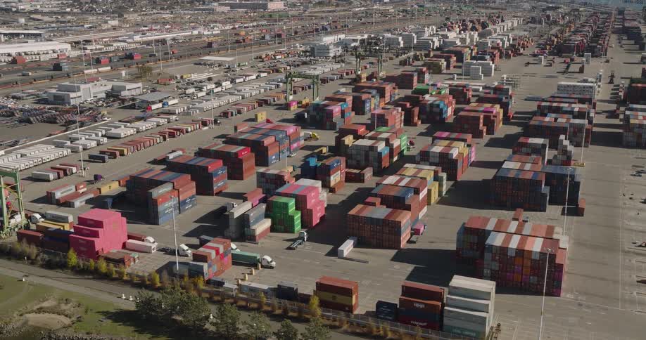 Aerial view of shipping containers stored at port