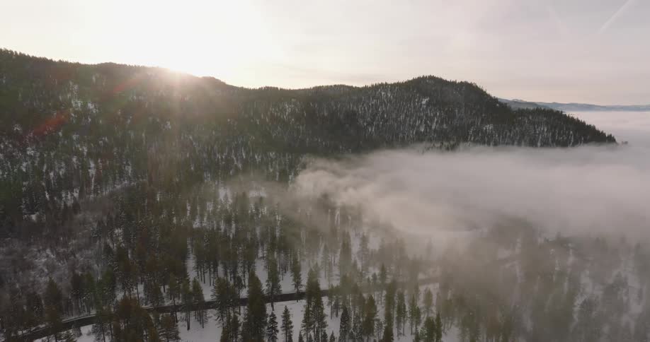 A road between forests and mountains during winter