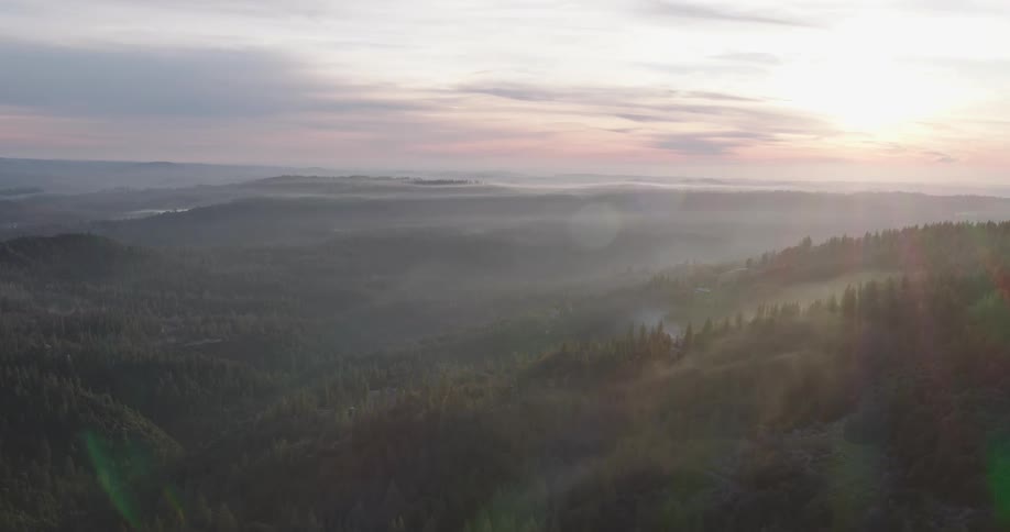 The sun is setting above a wooded landscape